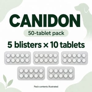 Illustration of Canidon pack contents: five blisters of ten tablets, 50 tablets total